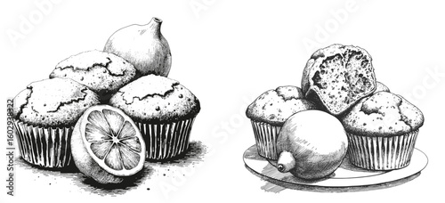 Vintage black pen sketch of lemon muffins and lemons on white background  