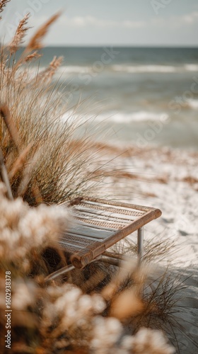 Coastal scene with a woven wooden bench.