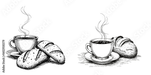 Vintage black pen sketch close up on white background of coffee and bread  