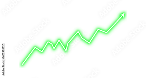 Neon green fluctuated line arrow graph business growth up trend concept, Economic growth, Stock market profit, Financial growth sign with neon effect. Vector illustration.