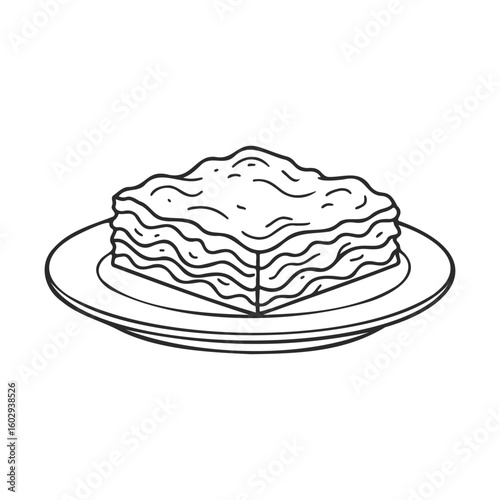 Hand-drawn lasagna slice on a plate with layered detail in black and white – stock vector icon in line style