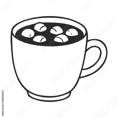 Black and white coffee cup with marshmallows - simple line art design – stock vector icon in line style