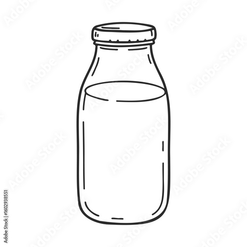 Hand-drawn glass milk bottle sketch with lid in black and white – stock vector icon in line style