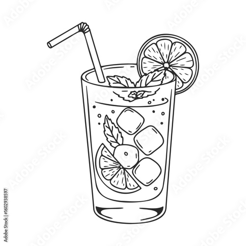 Hand-drawn refreshing lemonade with ice cubes and mint in tall glass – stock vector icon in line style