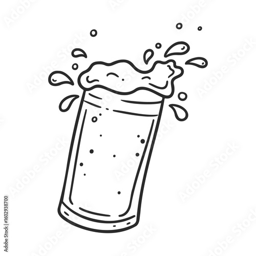 Foaming glass of beer overflowing with bubbles and drops – stock vector icon in line style