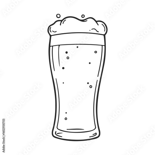 Black and white sketch of a tall glass of beer with foam and bubbles – stock vector icon in line style