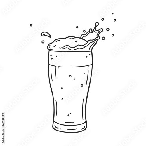 Frothy beer overflow in tall glass with splash and bubbles – stock vector icon in line style