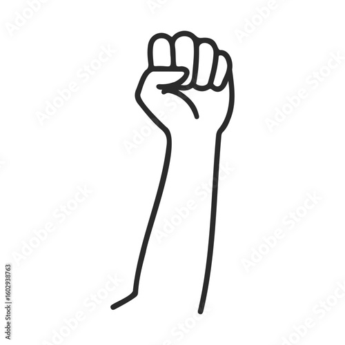 Black and white outline of raised fist symbolizing strength and solidarity – stock vector icon in line style