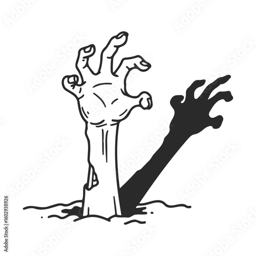 Creepy zombie hand emerging from ground with dark shadow in black and white illustration – stock vector icon in line style