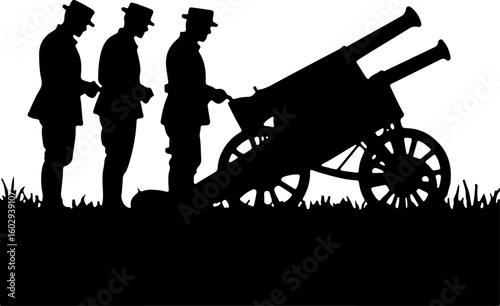 Old war cannon with silhouette vector illustration isolated on a white background