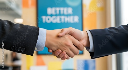 Two men in suits shake hands in front of a blue sign that reads better together