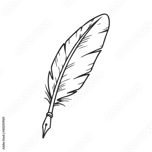 Black and white illustration of quill feather pen for writing and calligraphy – stock vector icon in line style