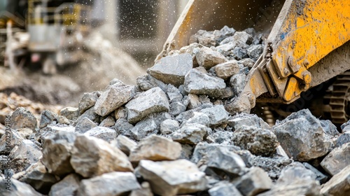 A close-up of a rock crusher breaking large rocks into smaller pieces.