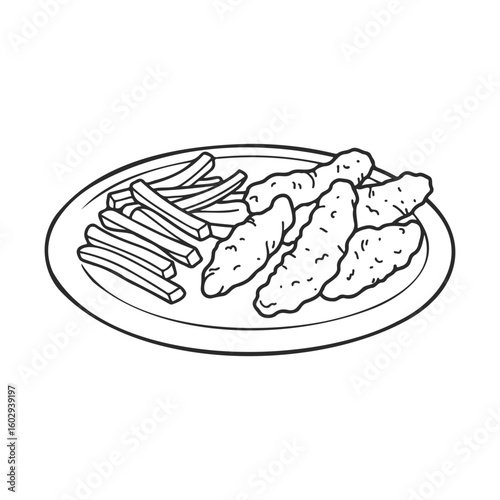Line art drawing of chicken tenders and fries on a plate – stock vector icon in line style