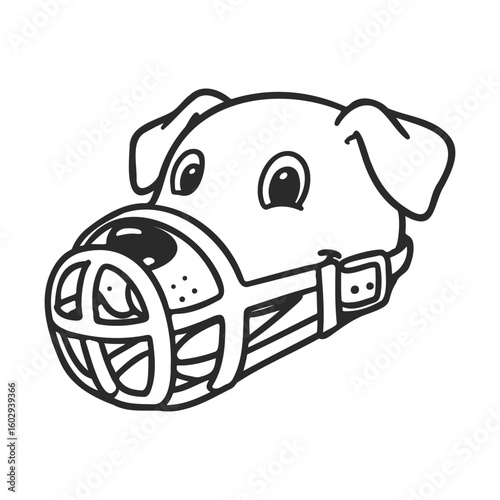Cartoon dog with muzzle wearing canine safety accessory on white background – stock vector icon in line style