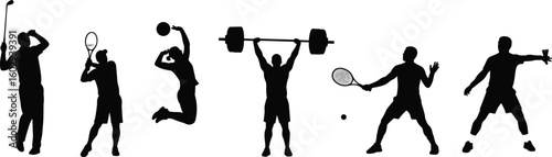 Silhouettes of athletes performing various sports including golf, tennis, volleyball, weightlifting, badminton, fitness training, active motion, competitive sports illustration.