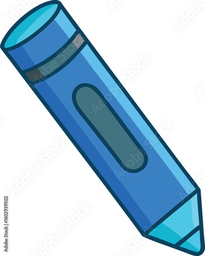 Blue crayon with dark outline and grey accent drawing writing