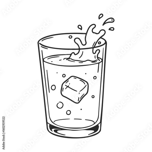 Splashing water in glass with ice cube – stock vector icon in line style