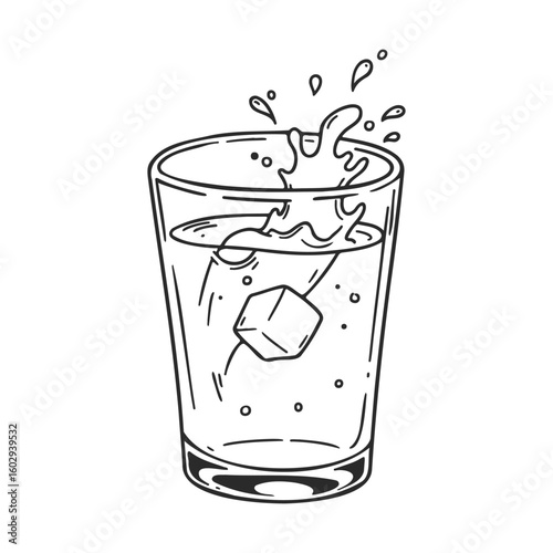Splashing ice cube in glass of water - black and white line art illustration – stock vector icon in line style