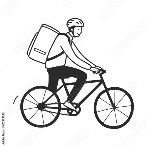 Male bicycle courier riding with backpack wearing helmet – stock vector icon in line style