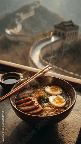 A bowl of ramen with chopsticks and soy sauce in front of the great wall of china view