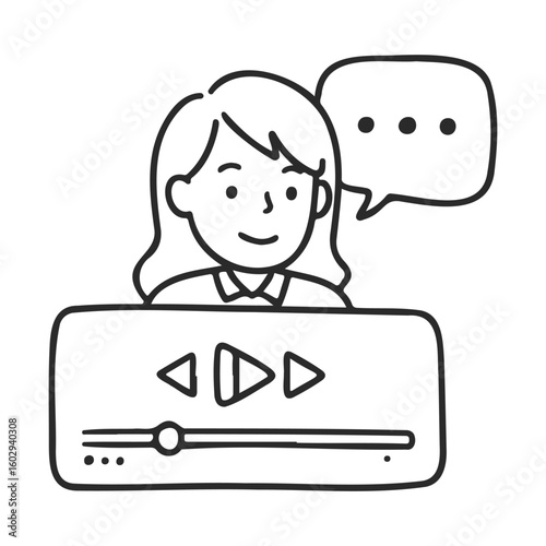 Female character watching video online with speech bubble and playback controls in line art – stock vector icon in line style