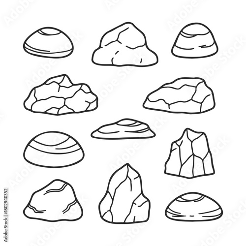 Collection of hand-drawn rock illustrations in black and white – stock vector icon in line style