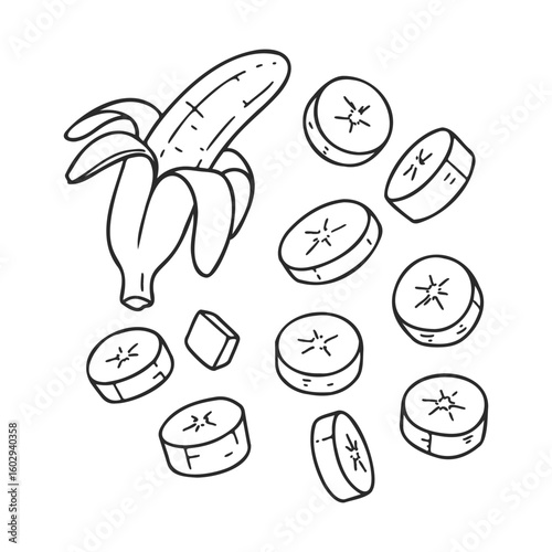 Hand-drawn banana illustration with sliced pieces in black and white – stock vector icon in line style