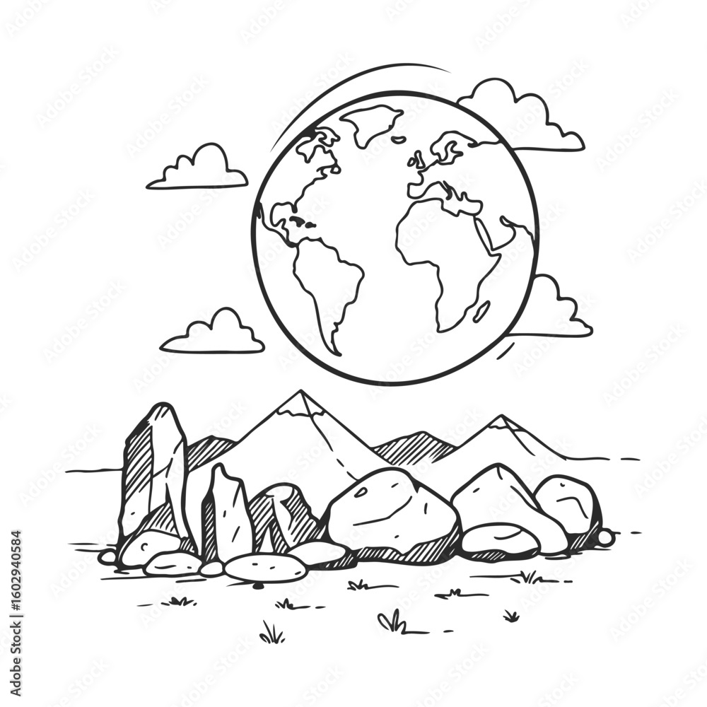 Naklejka premium Monochrome earth sketch with rocks and mountains – stock vector icon in line style