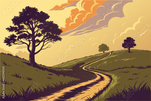 Winding dirt road through rolling green hills under a dramatic sunset sky
