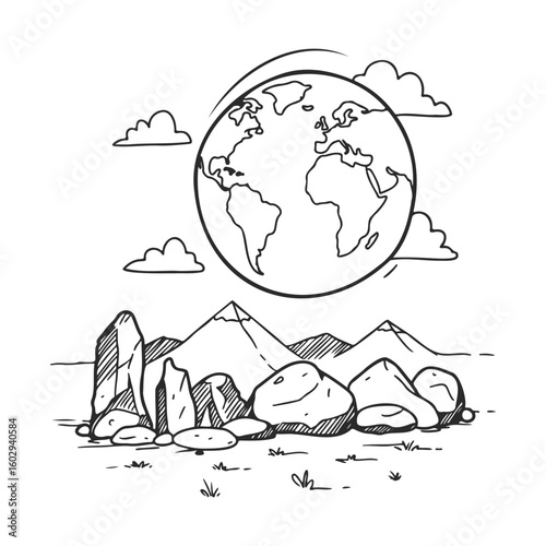 Monochrome earth sketch with rocks and mountains – stock vector icon in line style