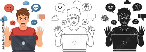 Cyberbullying concept angry man with laptop vector illustration and design elements