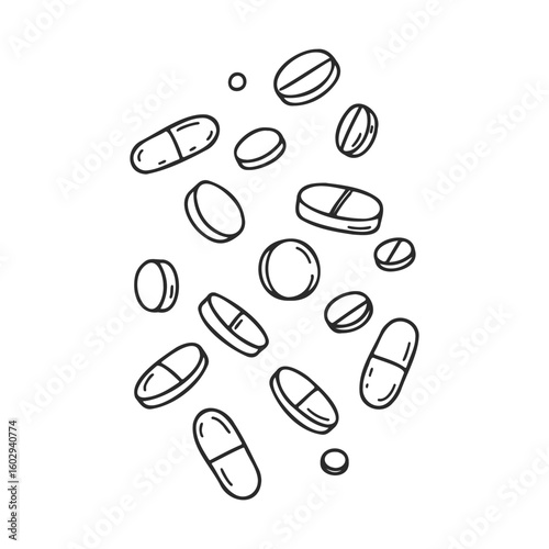 Hand-drawn assorted pills and tablets on white background – stock vector icon in line style