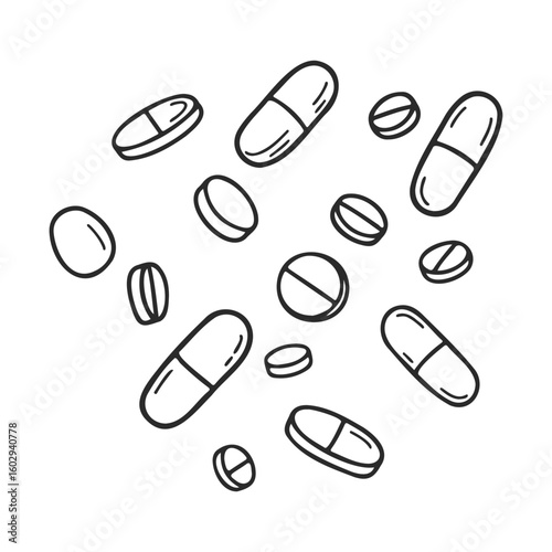 Hand-drawn vector style illustration of various pills and capsules on white background – stock vector icon in line style