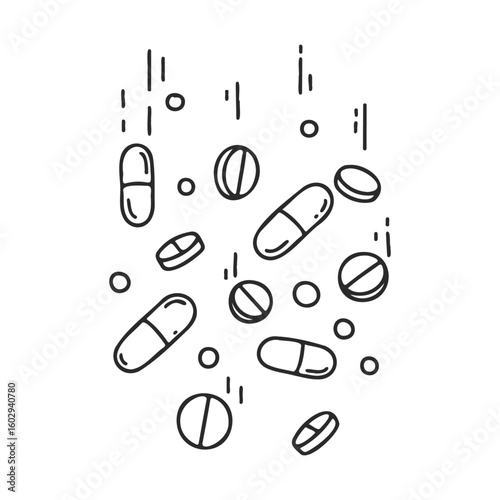 Seamless pattern of hand-drawn pills and capsules in black and white – stock vector icon in line style