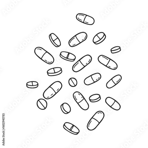Hand-drawn pattern of various capsules and pills on white background – stock vector icon in line style