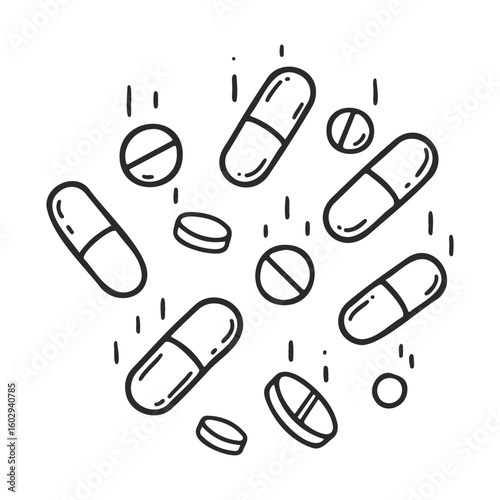 Hand-drawn black and white illustration of various capsules and tablets – stock vector icon in line style