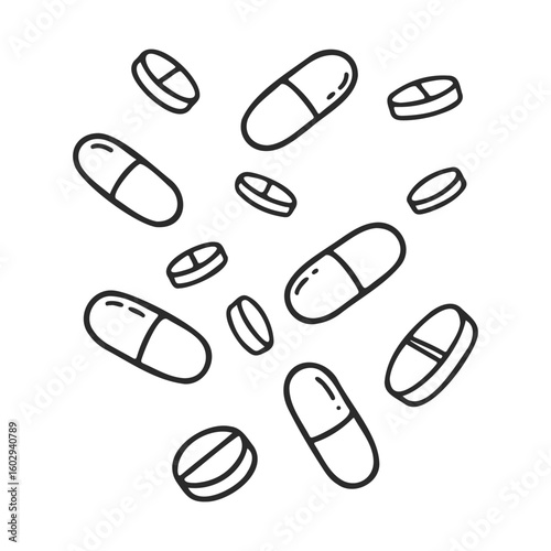 Hand-drawn vector illustration of floating pills and capsules – stock vector icon in line style