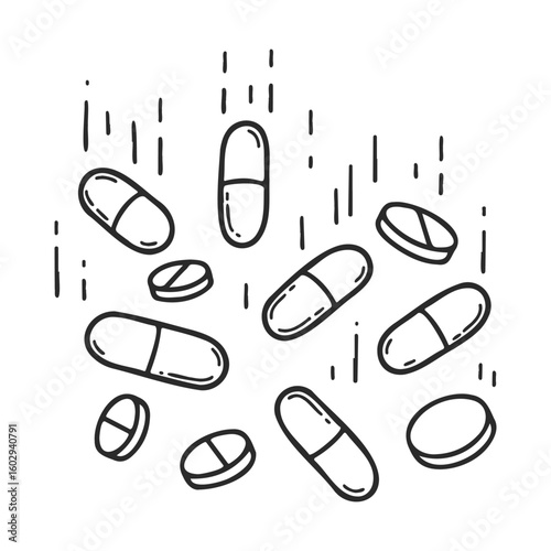 Hand-drawn illustration of various falling capsules and tablets – stock vector icon in line style