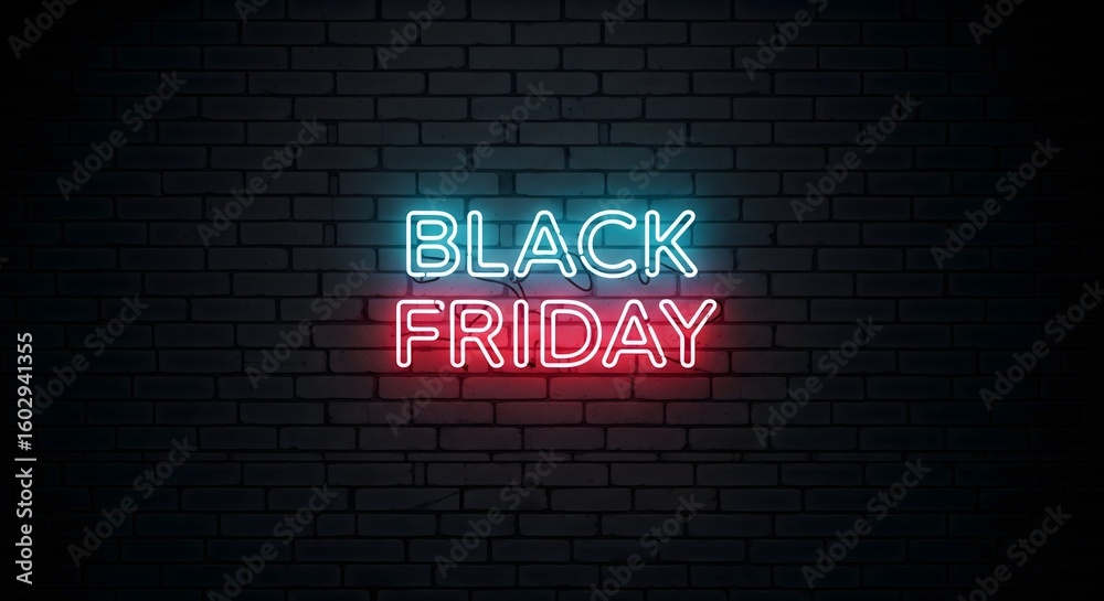 Obraz premium Black Friday Sale Text in a Glowing Blue and Red Neon Sign Style on a Dark Brick Wall