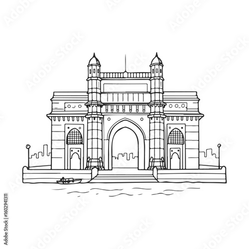 Gateway of india line art drawing with city skyline and boat – stock vector icon in line style
