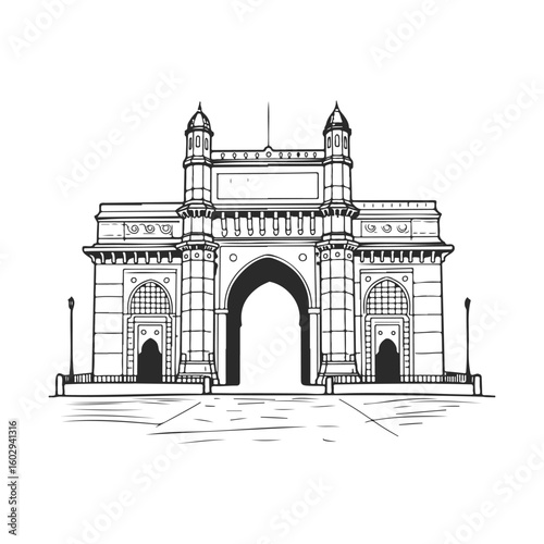 Black and white sketch of gateway of india architectural landmark – stock vector icon in line style