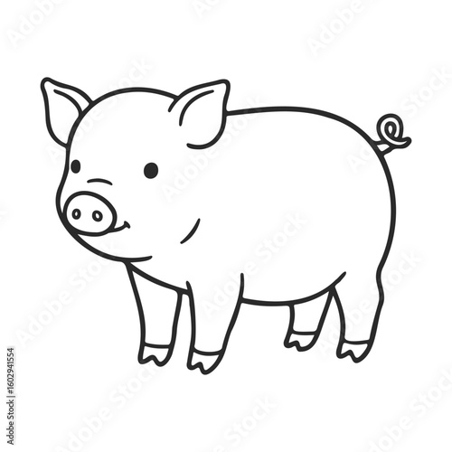 Cute cartoon pig outline drawing with curly tail on white background – stock vector icon in line style