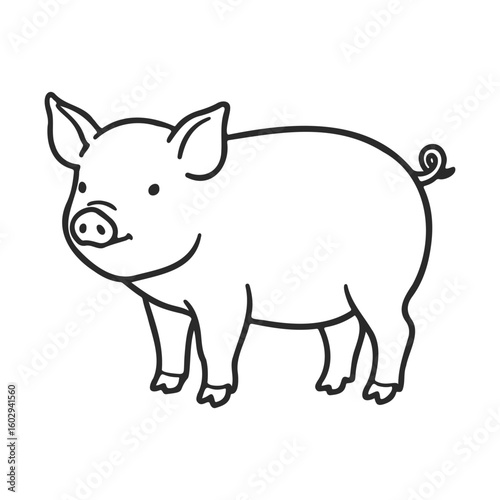 Cute cartoon pig with curly tail in simple black and white line art – stock vector icon in line style