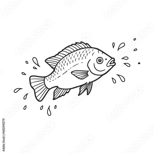 Cartoon fish with splashing water on white background – stock vector icon in line style