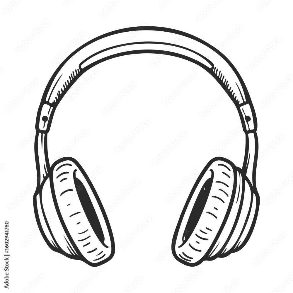 Black and white hand-drawn illustration of headphones with cushioned ear pads – stock vector icon in line style