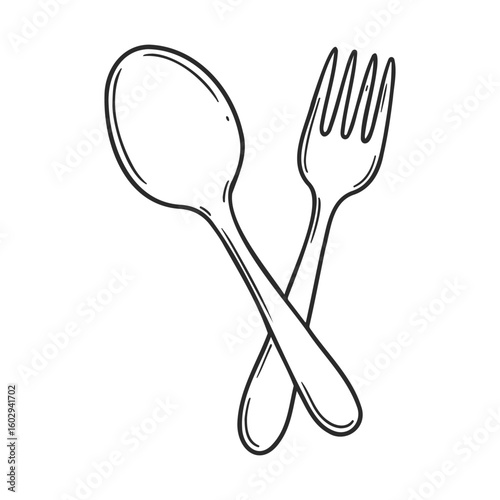 Black and white illustration of spoon and fork – stock vector icon in line style