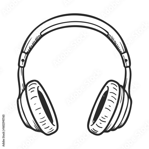 Black and white hand-drawn illustration of headphones with cushioned ear pads – stock vector icon in line style