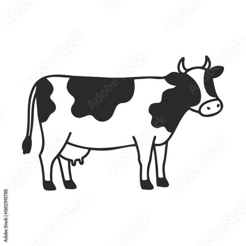 Black and white dairy cow illustration with udder and horns – stock vector icon in line style