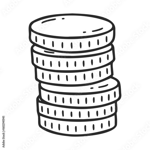 Hand-drawn stack of coins in black and white line art illustration – stock vector icon in line style